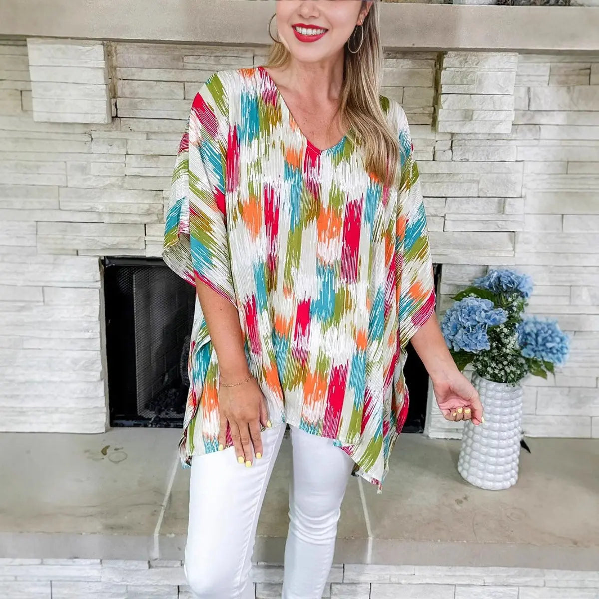 Women's Oversized V-Neck Colourful Print Relaxed Tunic Top