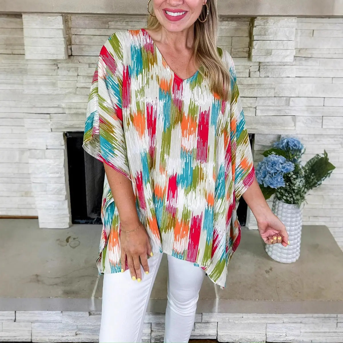 Women's Oversized V-Neck Colourful Print Relaxed Tunic Top