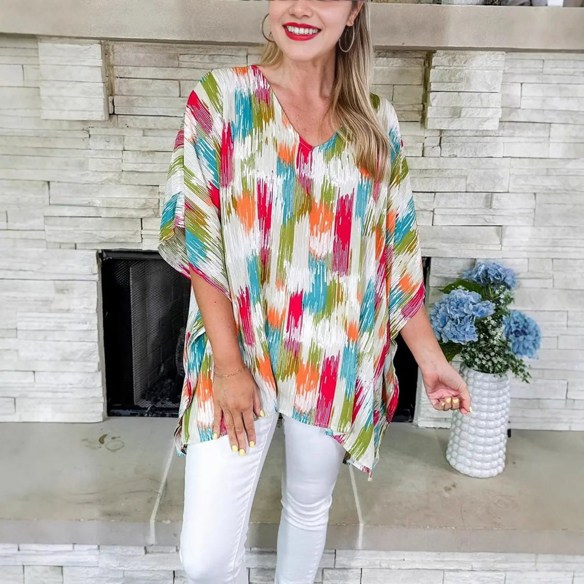 Women's Oversized V-Neck Colourful Print Relaxed Tunic Top