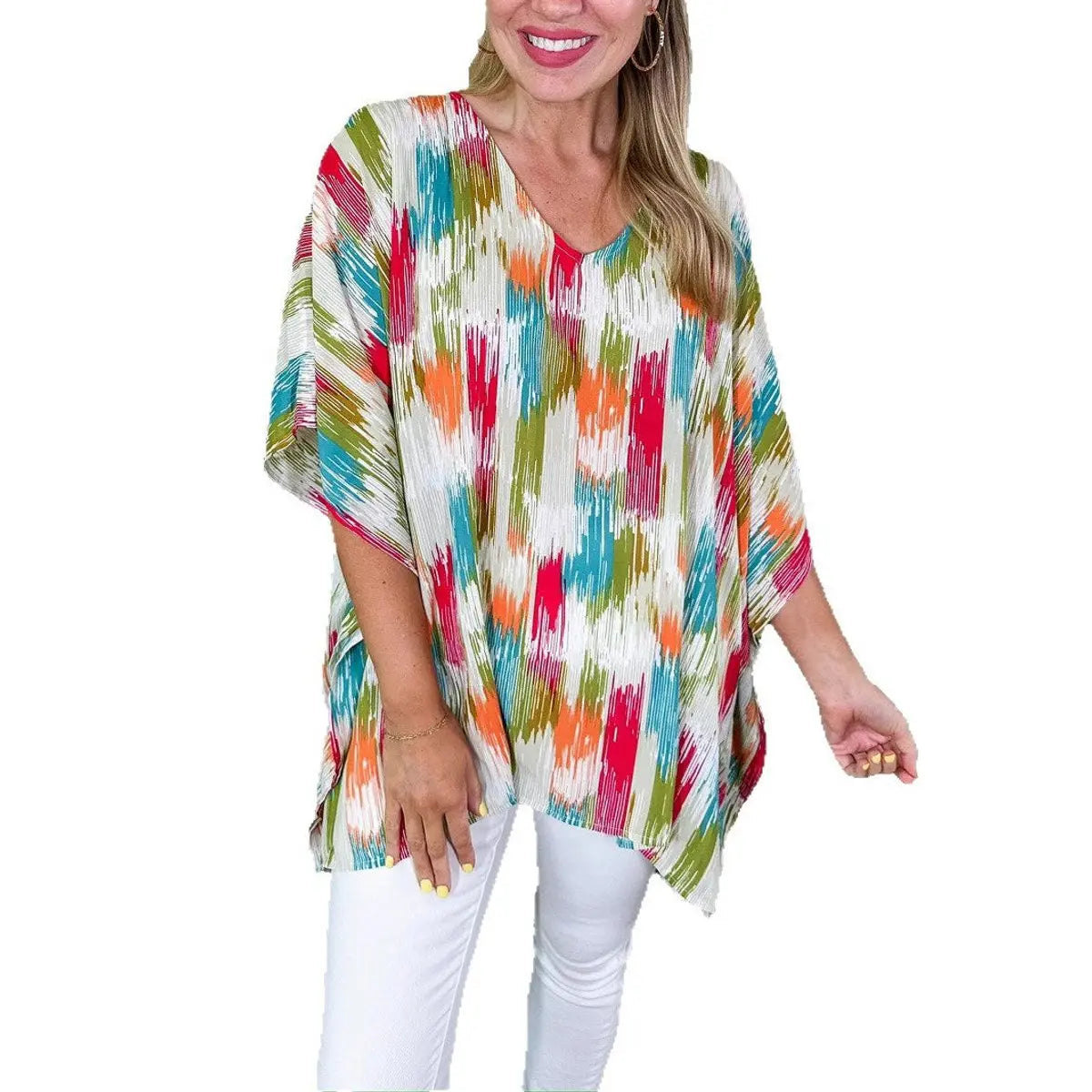 Women's Oversized V-Neck Colourful Print Relaxed Tunic Top
