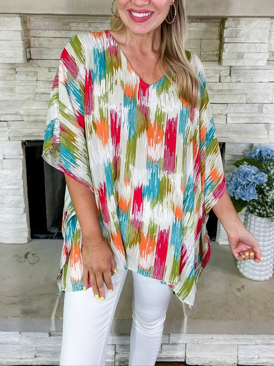 Women's Oversized V-Neck Colourful Print Relaxed Tunic Top - Multicolour