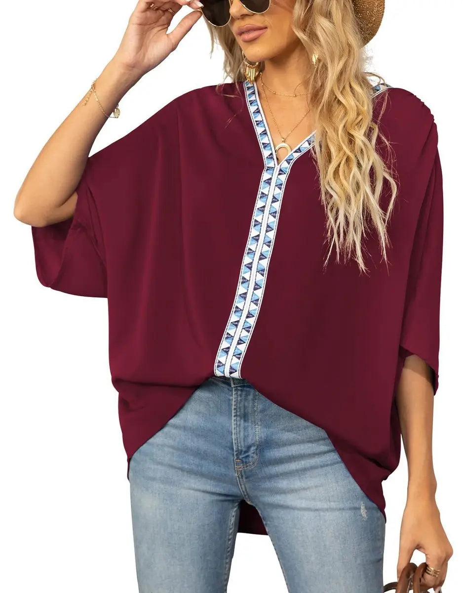 Women's Oversized V-Neck Geometric Trim Boho Tunic Top - Yellow