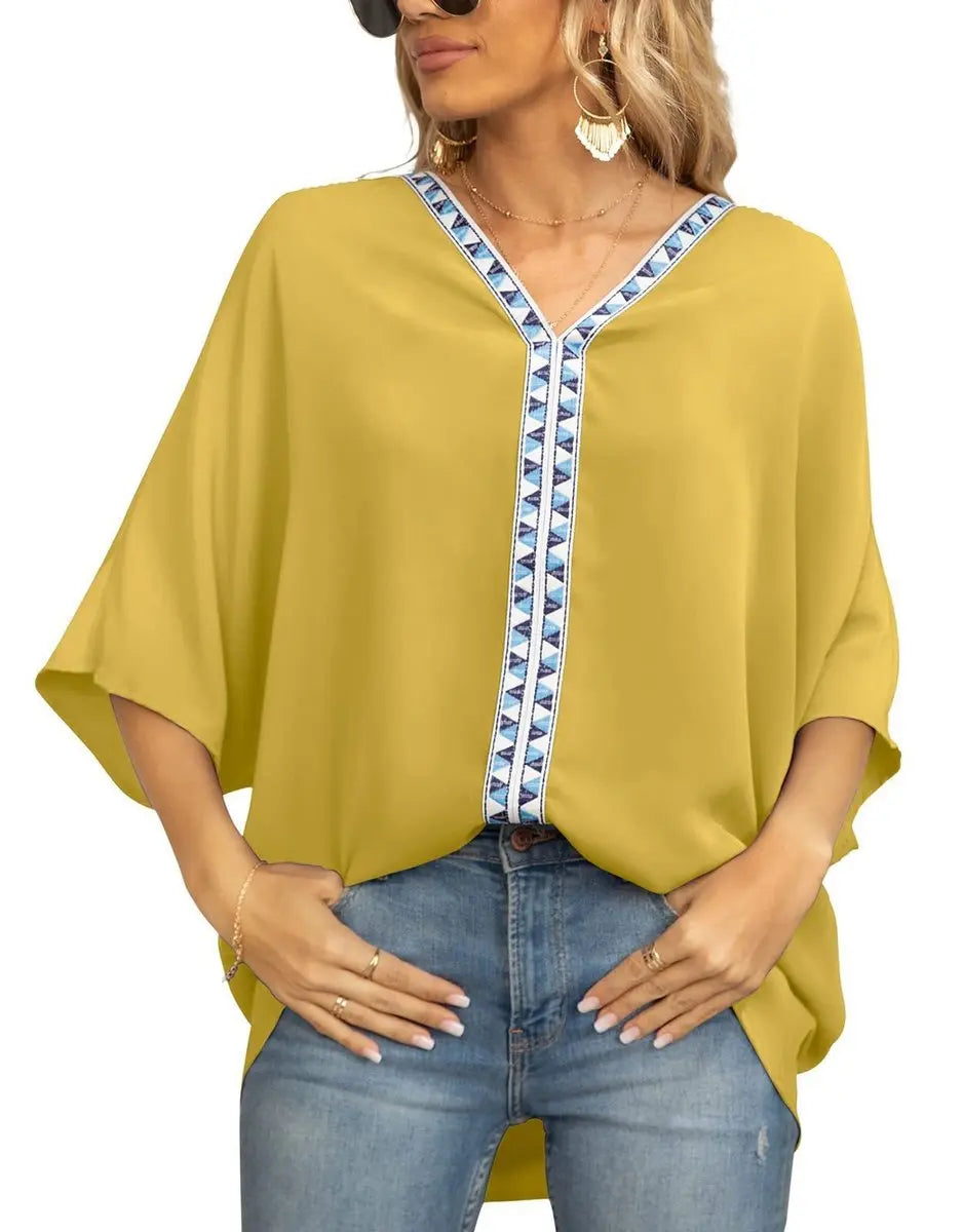 Women's Oversized V-Neck Geometric Trim Boho Tunic Top - Floral