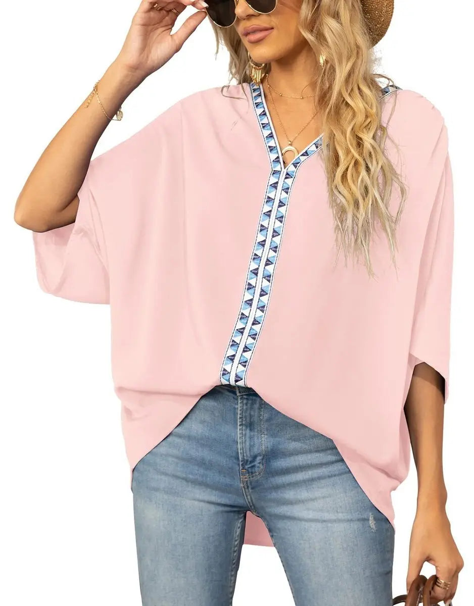 Women's Oversized V-Neck Geometric Trim Boho Tunic Top - Pink