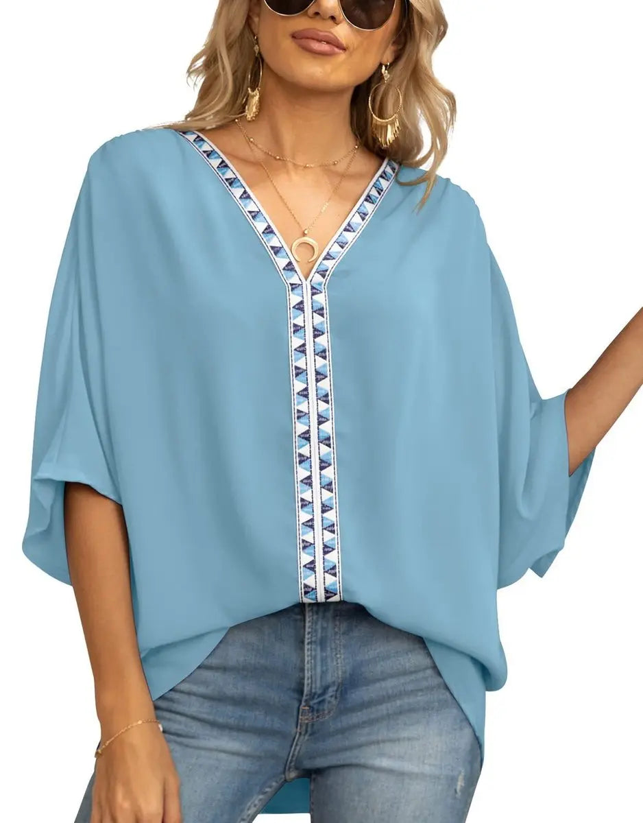 Women's Oversized V-Neck Geometric Trim Boho Tunic Top - Dark Blue