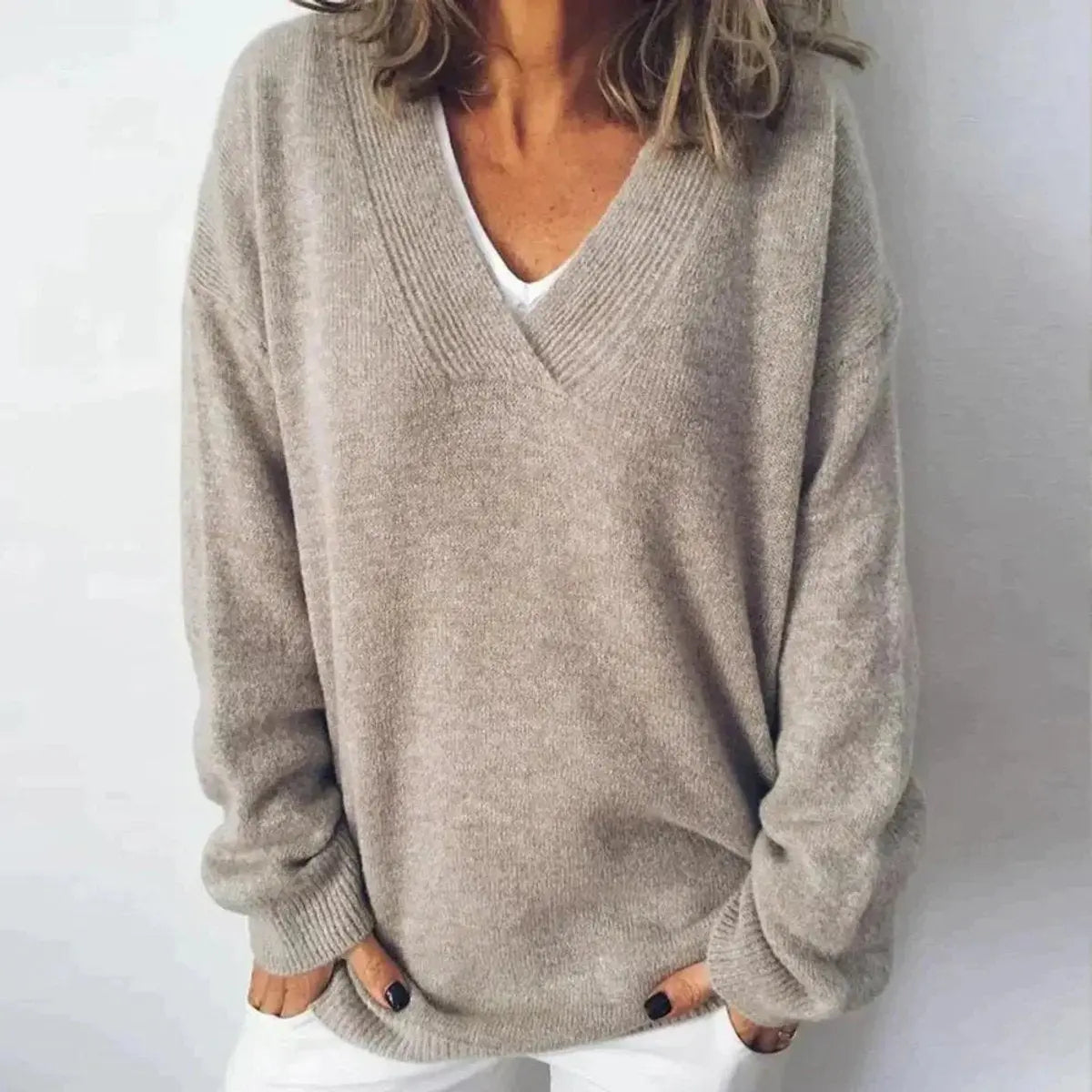 Women's Oversized V-Neck Knit Sweater Long Sleeve Jumper