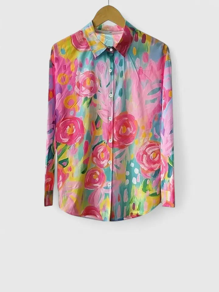 Women's Painterly Floral Blouse Button Down Long Sleeve