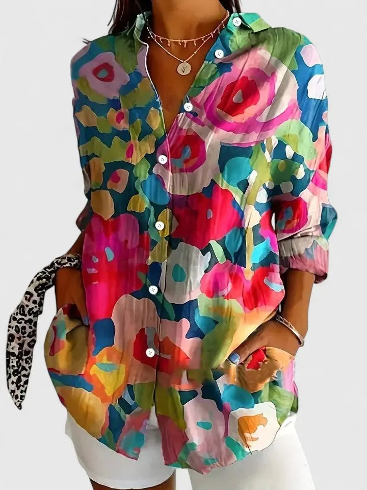 Women's Painterly Floral Blouse Button Down Long Sleeve - Multi-colored 1