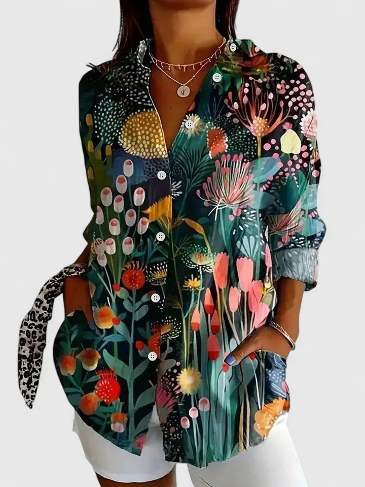 Women's Painterly Floral Blouse Button Down Long Sleeve - Green