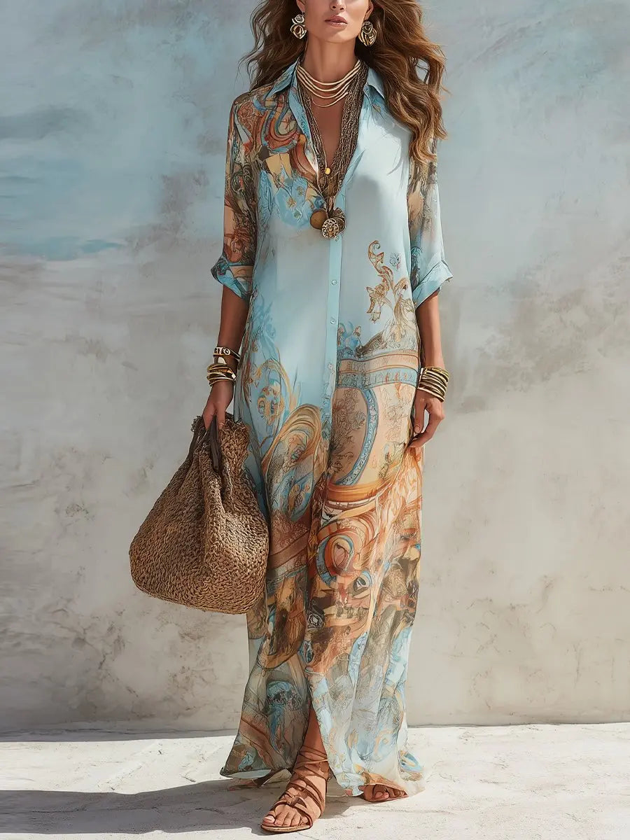Women's Paisley Print Button-Through Maxi Shirt Dress - Light Blue