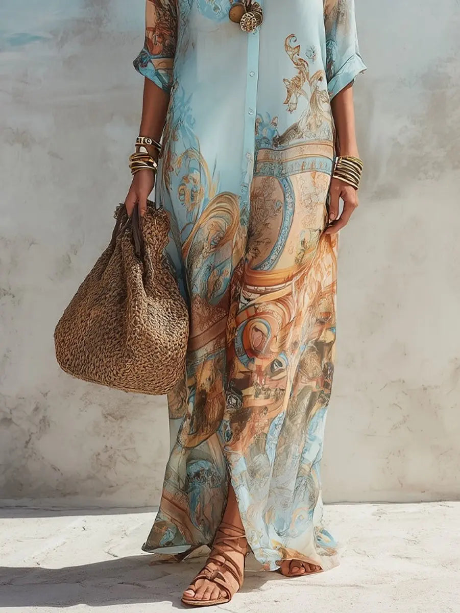 Women's Paisley Print Button-Through Maxi Shirt Dress