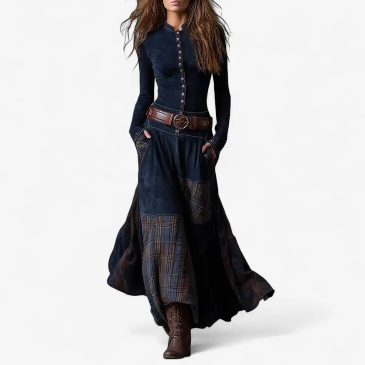 Women's Patchwork Maxi Long Sleeve Dress Suede-Look Button-Front - Royal Blue