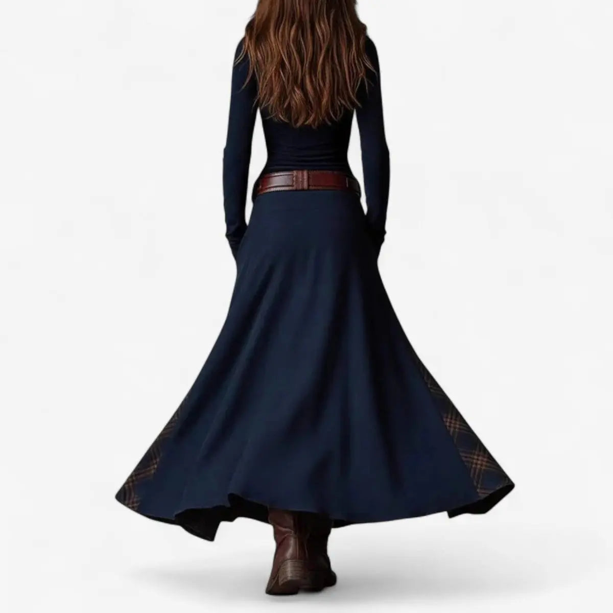 Women's Patchwork Maxi Long Sleeve Dress Suede-Look Button-Front