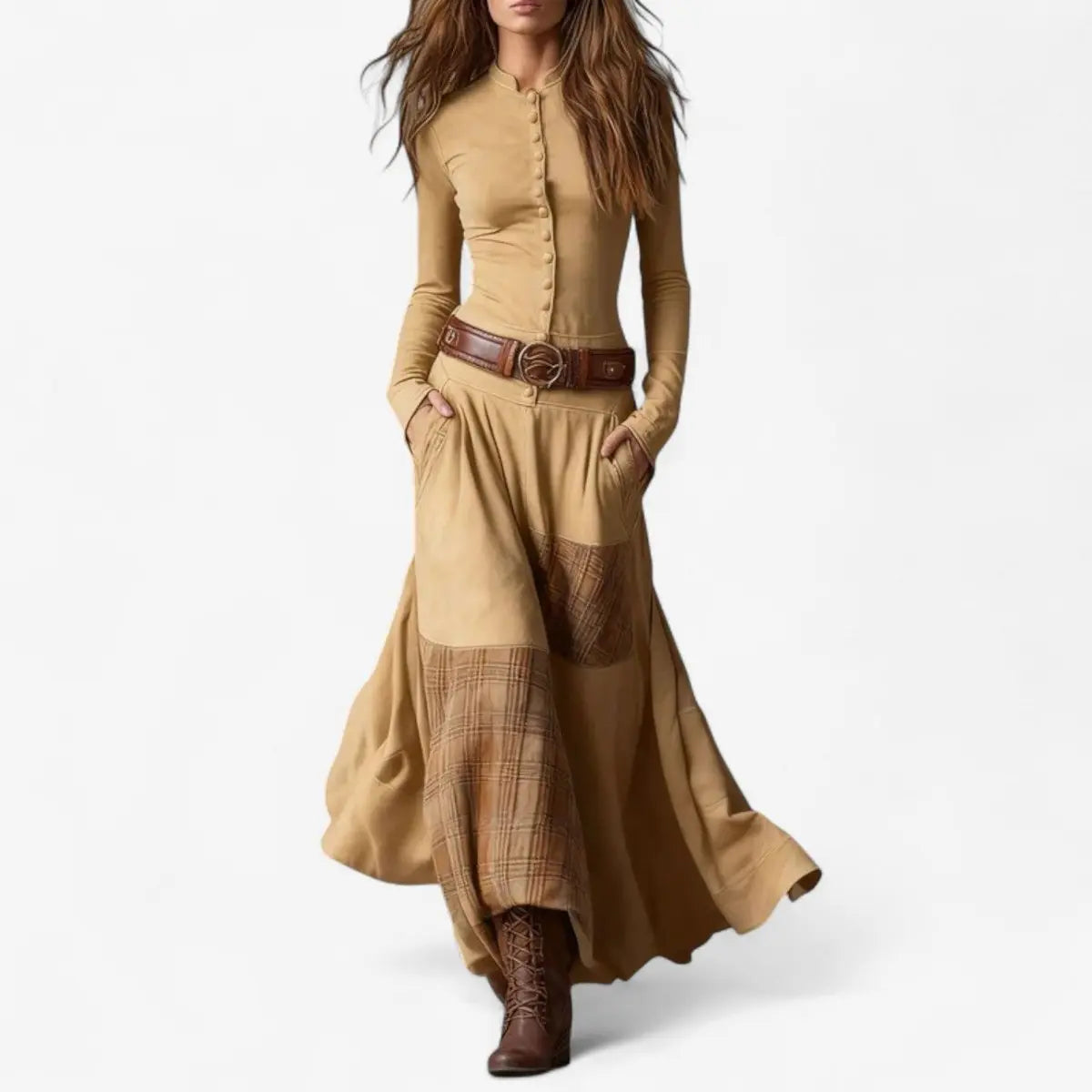 Women's Patchwork Maxi Long Sleeve Dress Suede-Look Button-Front - Apricot