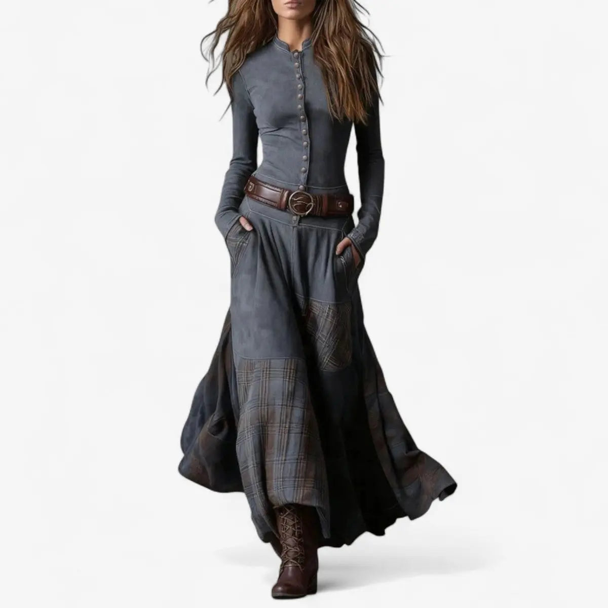 Women's Patchwork Maxi Long Sleeve Dress Suede-Look Button-Front - Grey