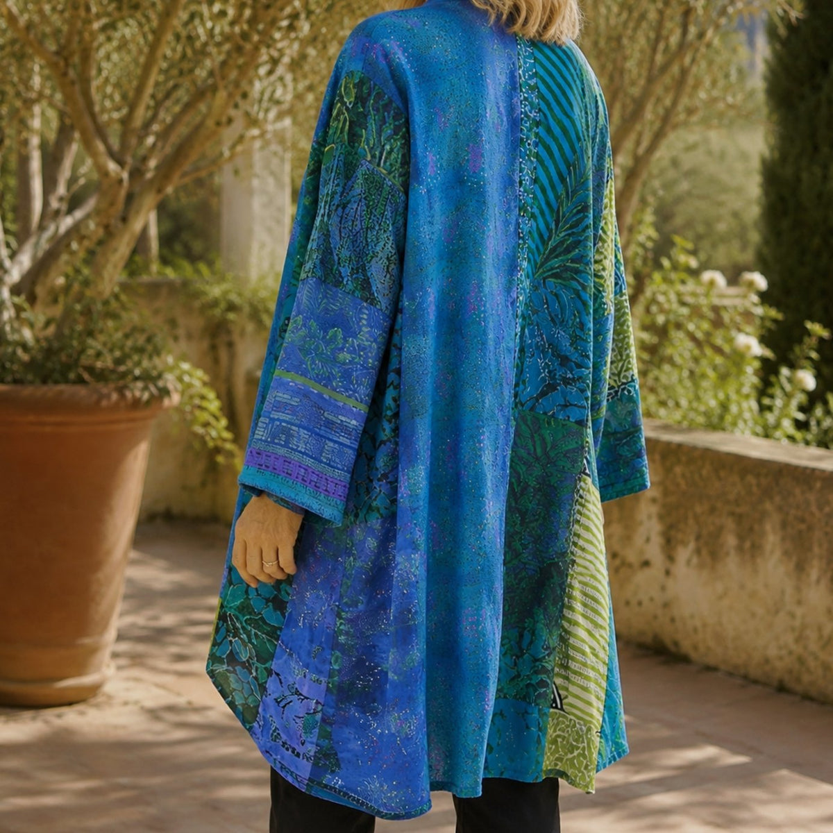 Women's Patchwork Open-Front Longline Cardigan Wide Sleeves