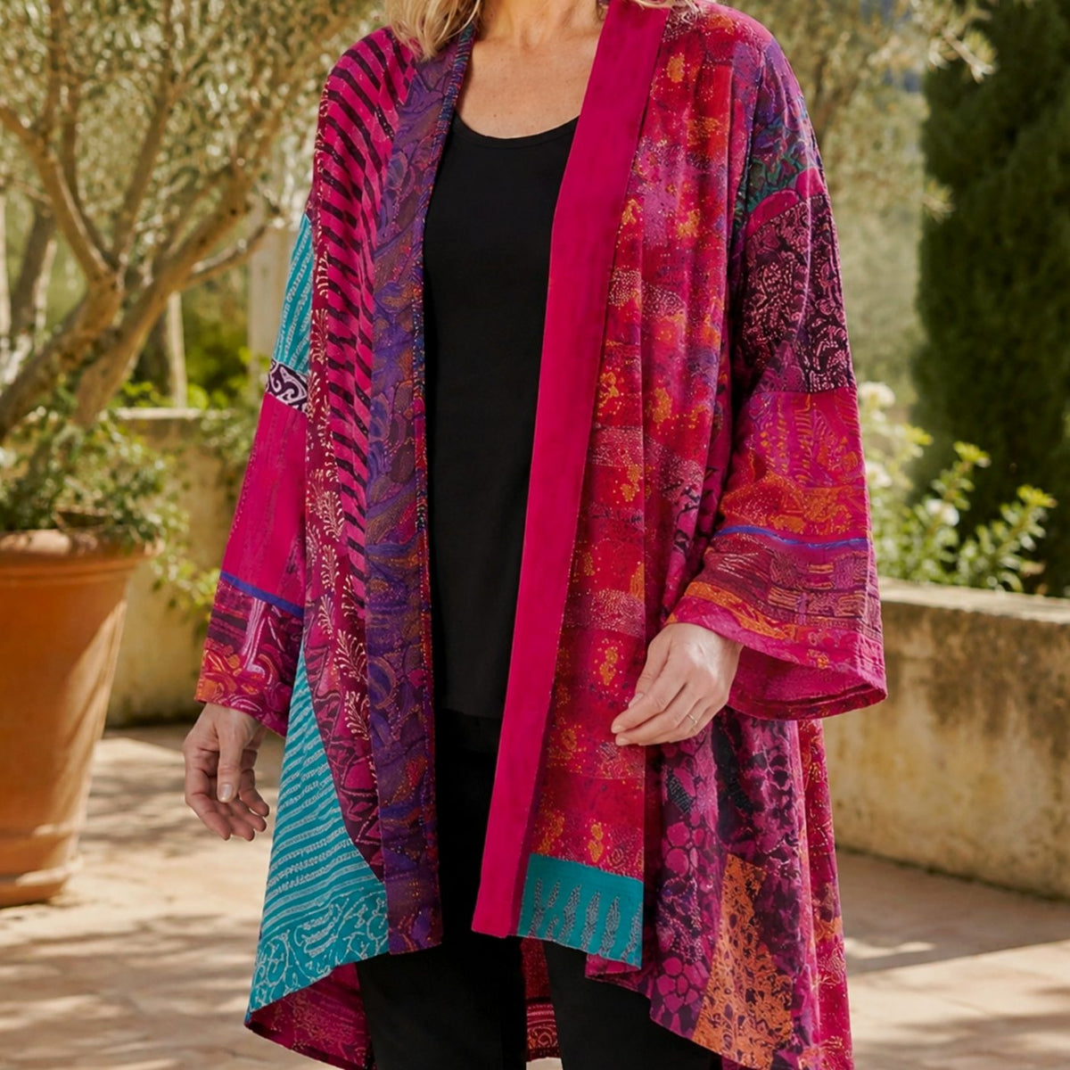 Women's Patchwork Open-Front Longline Cardigan Wide Sleeves - Pink