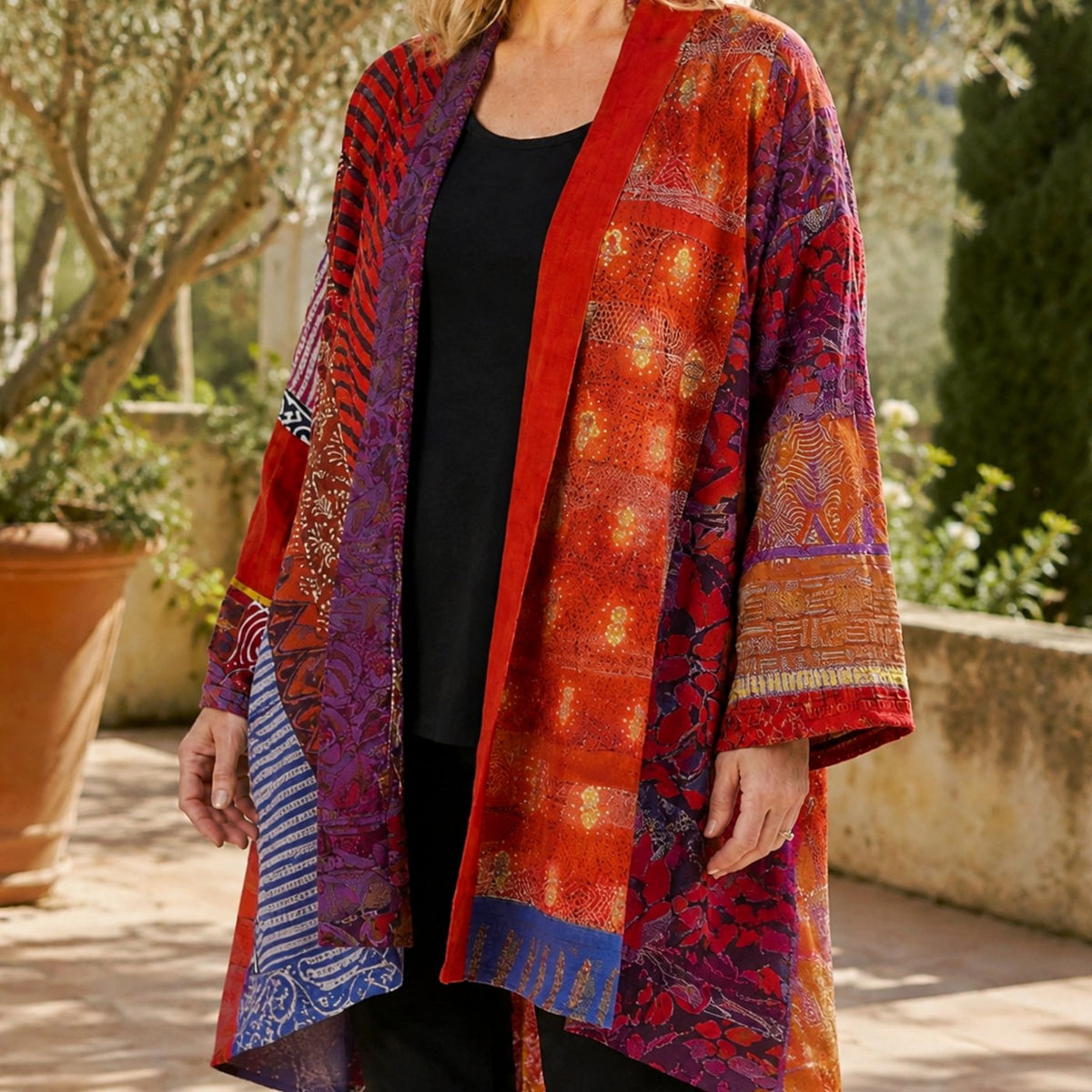 Women's Patchwork Open-Front Longline Cardigan Wide Sleeves - Red