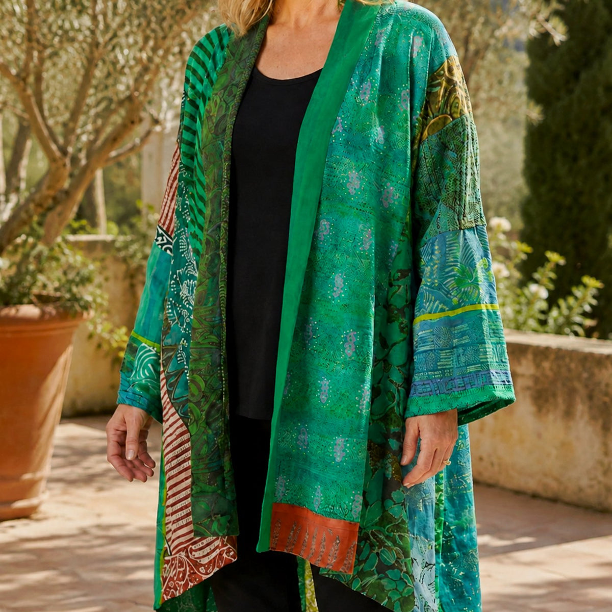 Women's Patchwork Open-Front Longline Cardigan Wide Sleeves - Green