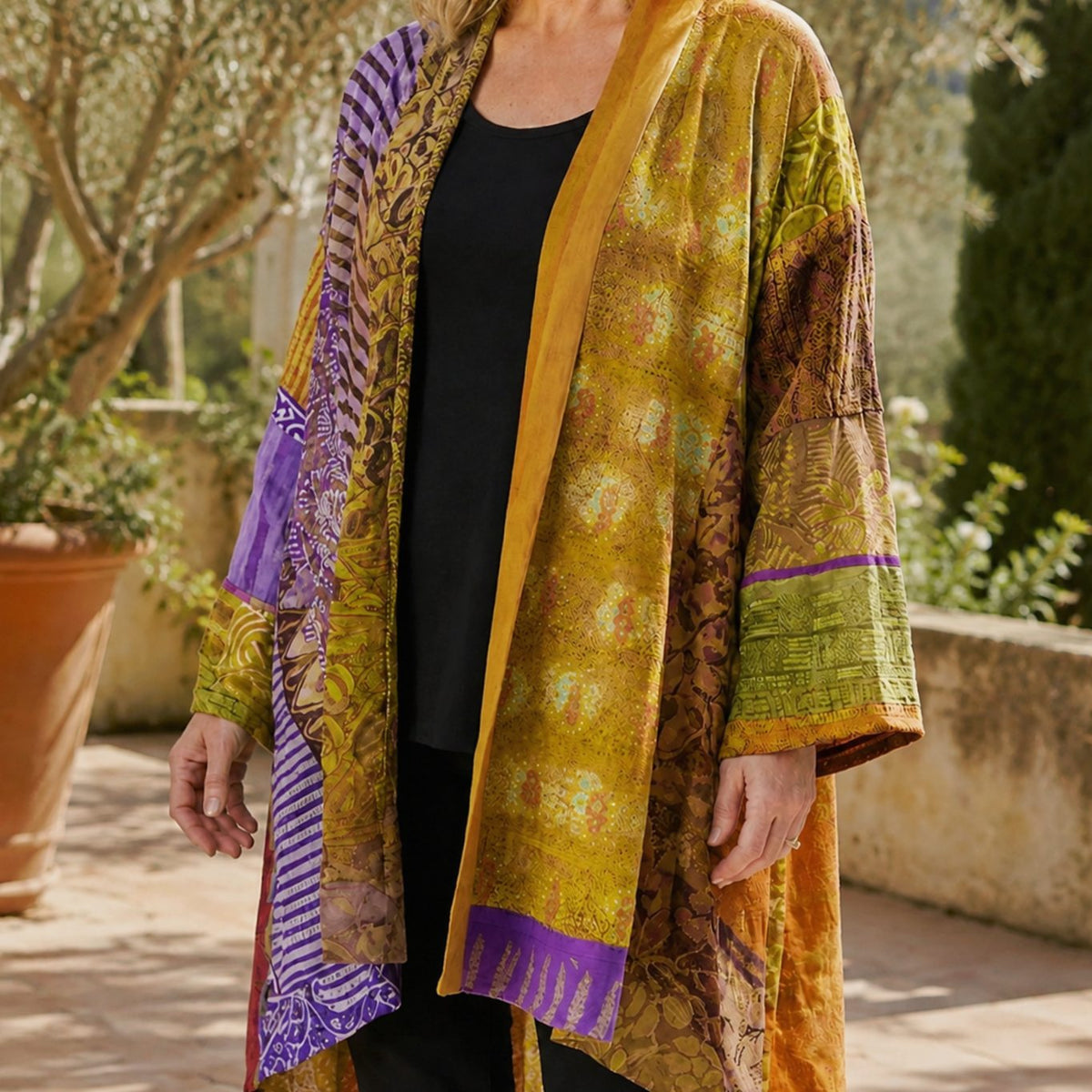 Women's Patchwork Open-Front Longline Cardigan Wide Sleeves - Yellow
