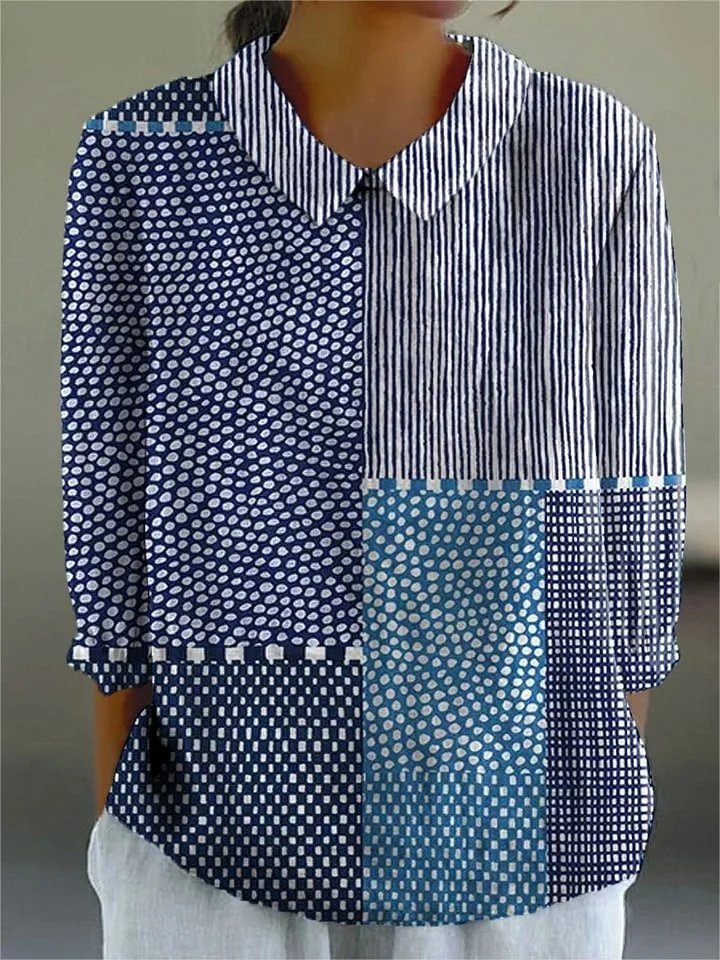 Women's Patchwork Print Blouse V-Neck Cotton Collared