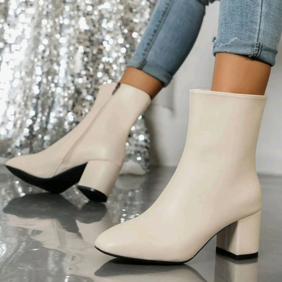 Women's Patent Block-Heel Side-Zip Ankle Boots - Beige