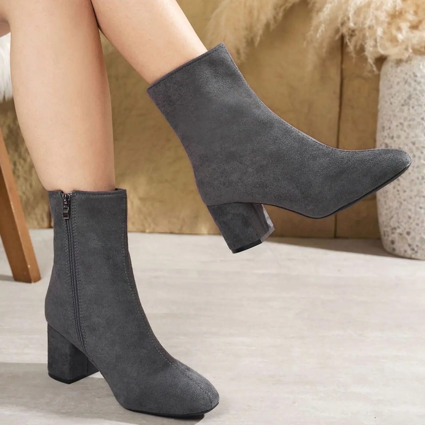 Women's Patent Block-Heel Side-Zip Ankle Boots - Grey