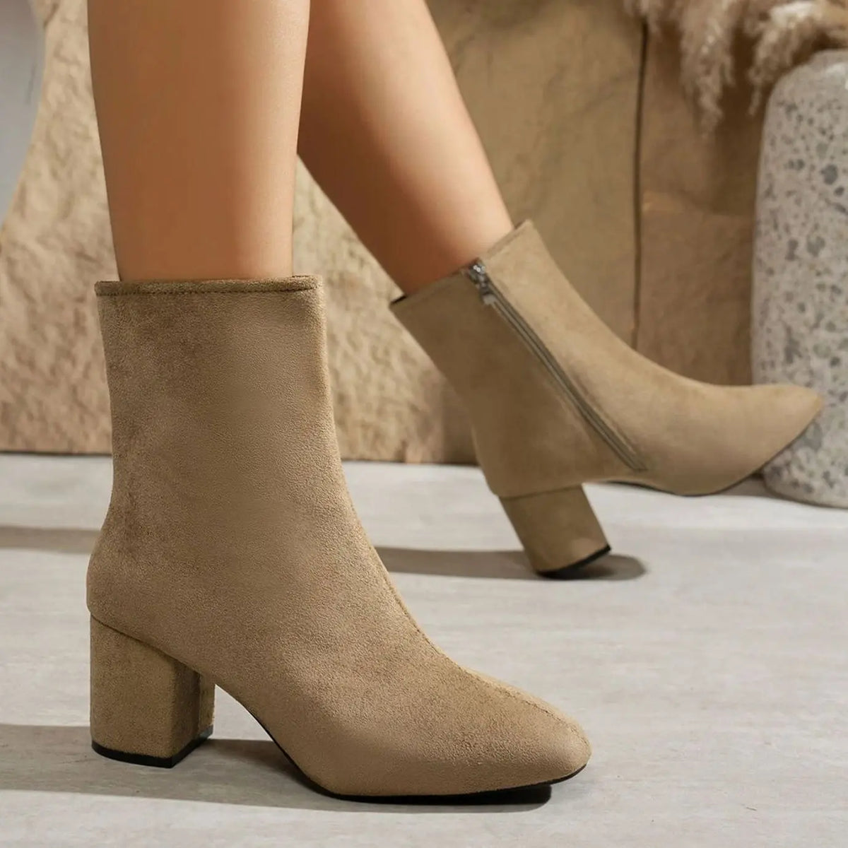 Women's Patent Block-Heel Side-Zip Ankle Boots - Khaki