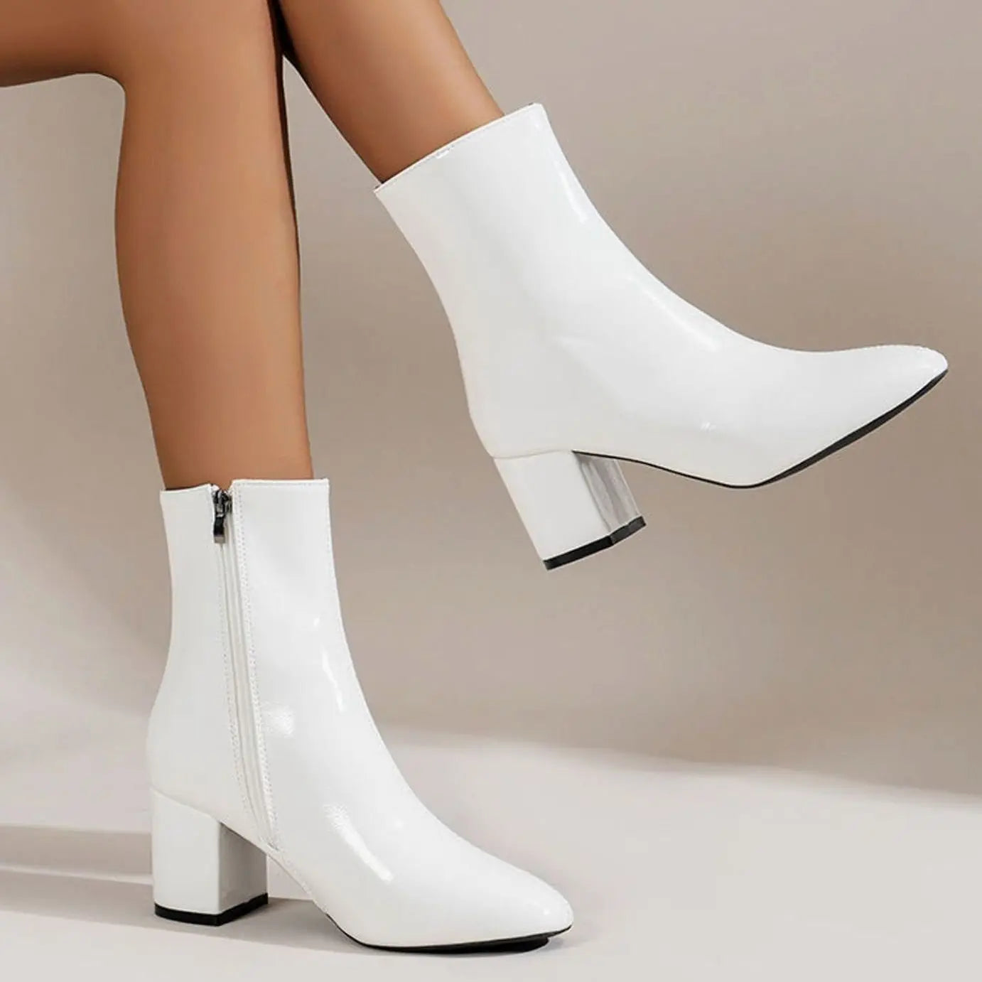 Women's Patent Block-Heel Side-Zip Ankle Boots - White