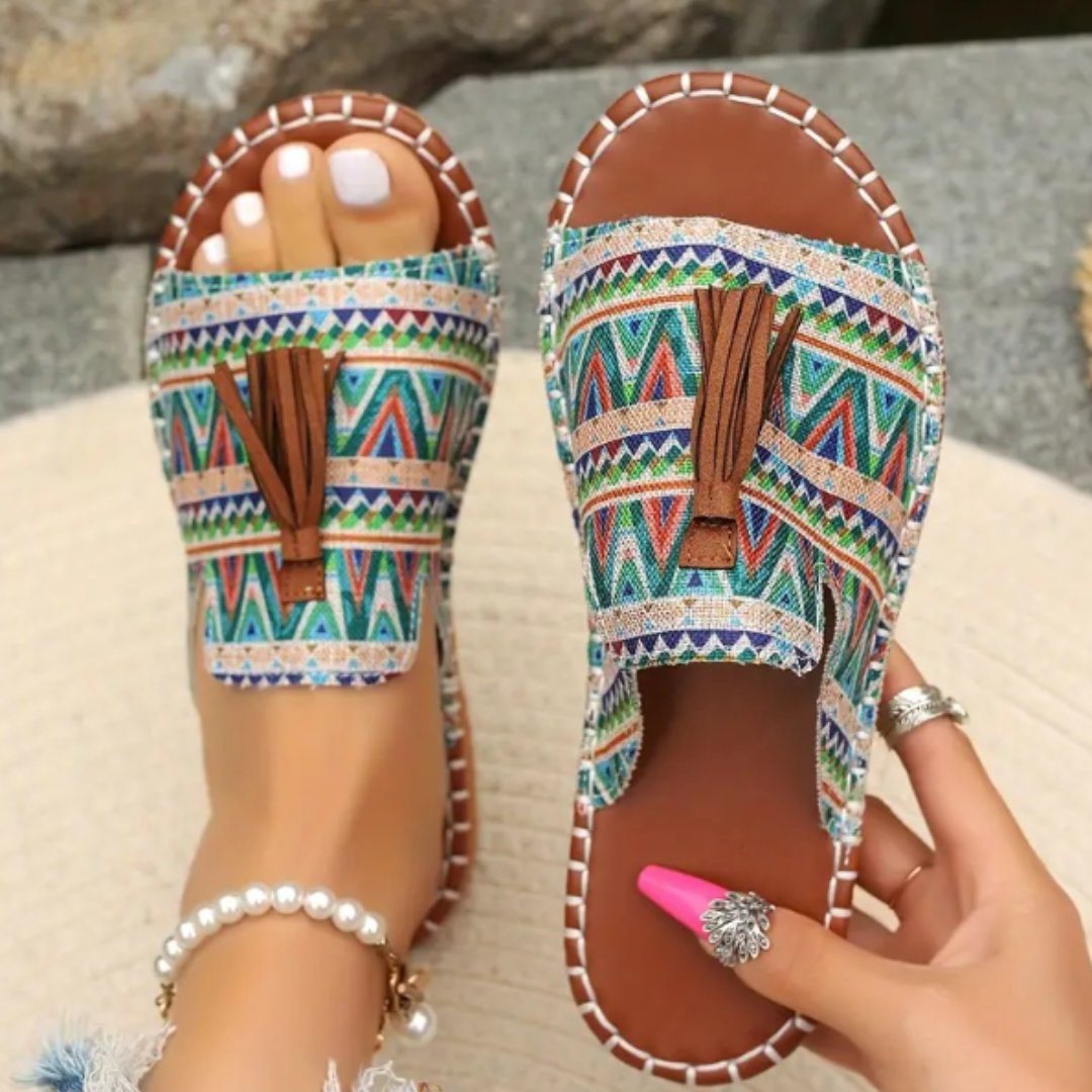 Women's Patterned Slide Sandals with Tassel Detail - Green & Blue