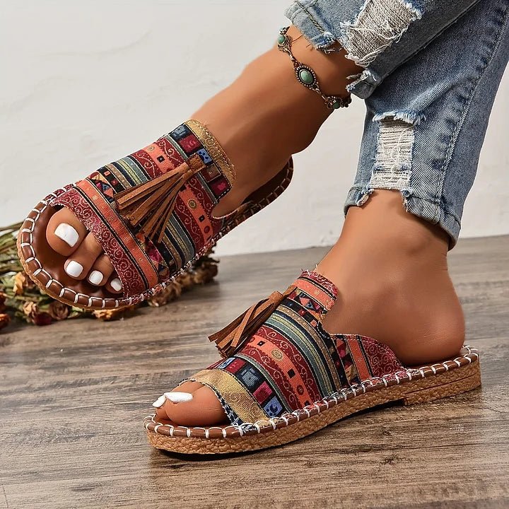 Women's Patterned Slide Sandals with Tassel Detail