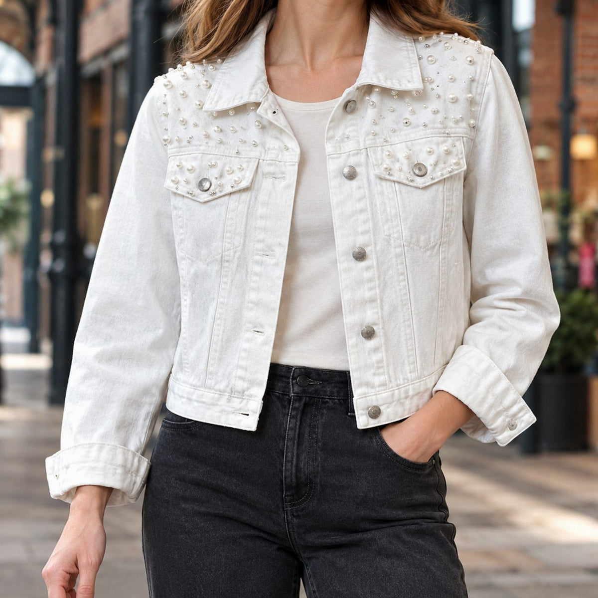 Women's Pearl-Embellished Cropped Washed Denim Jacket - White