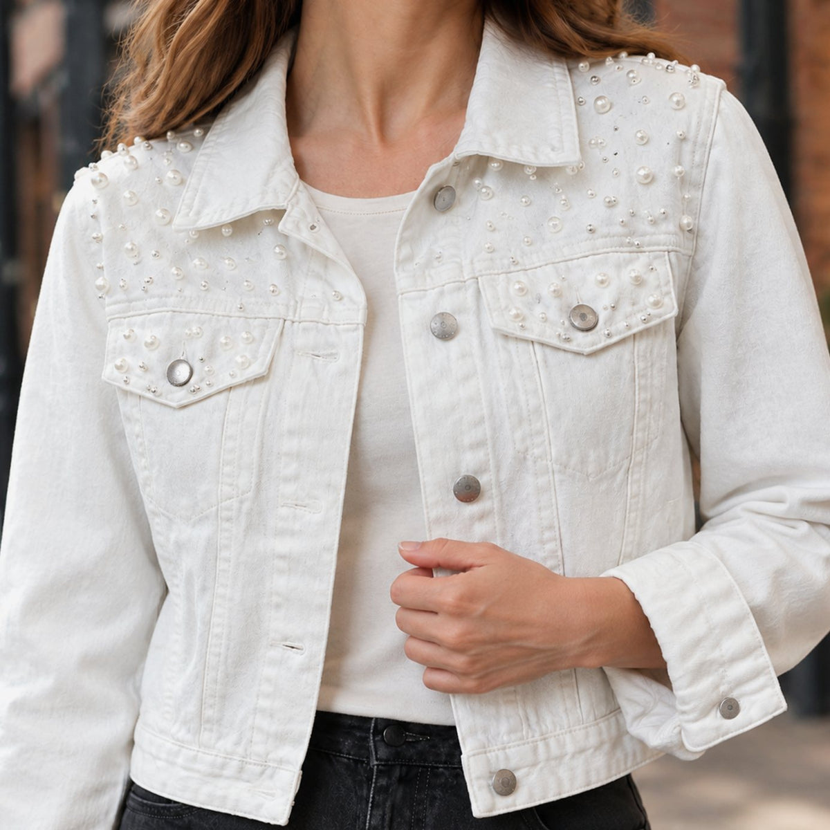 Women's Pearl-Embellished Cropped Washed Denim Jacket