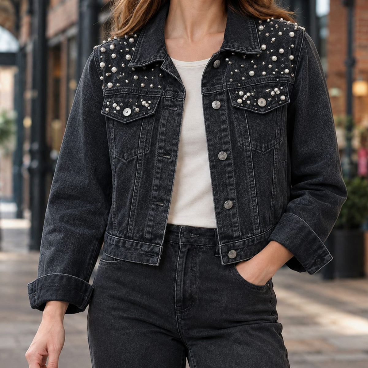 Women's Pearl-Embellished Cropped Washed Denim Jacket - Black