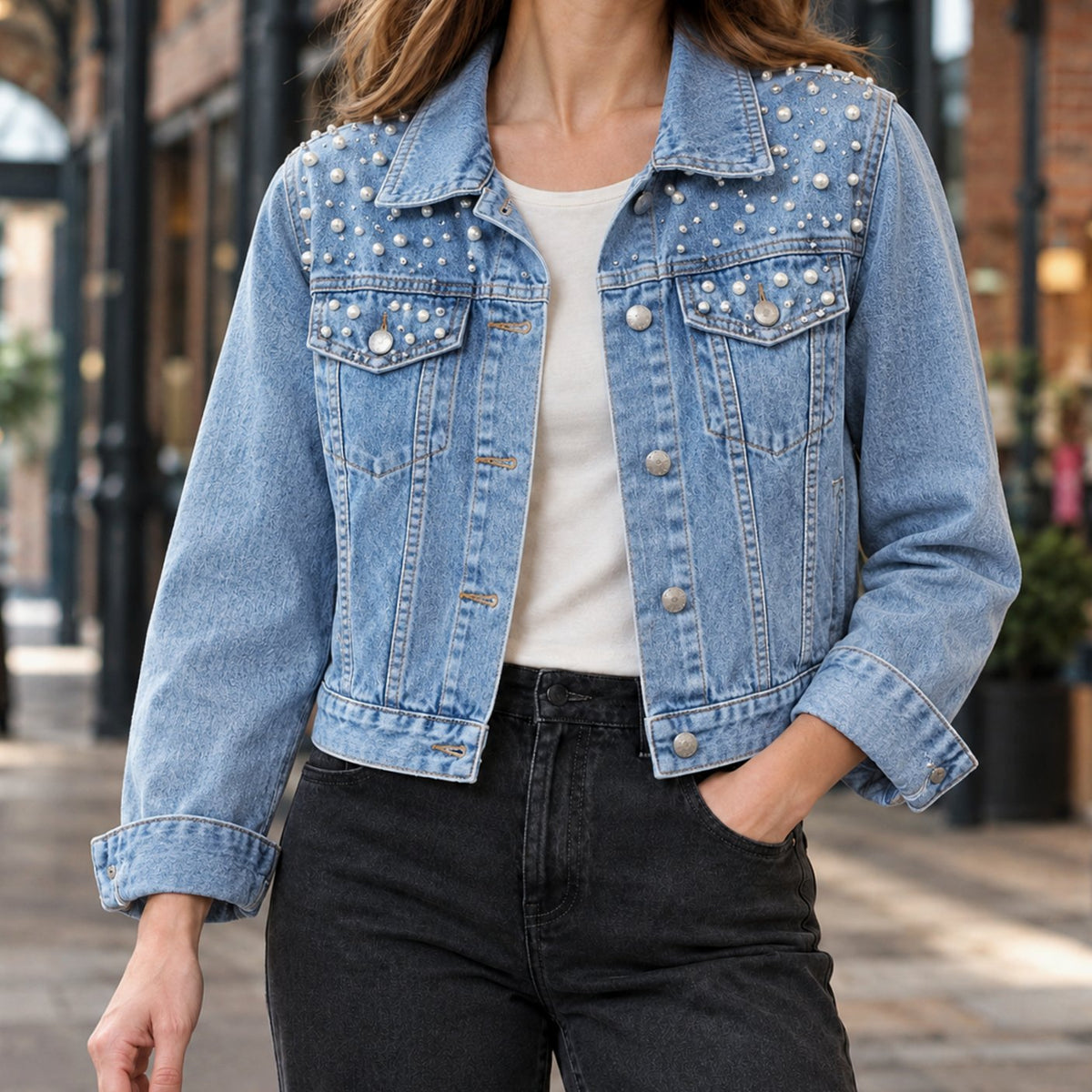 Women's Pearl-Embellished Cropped Washed Denim Jacket - Light Blue