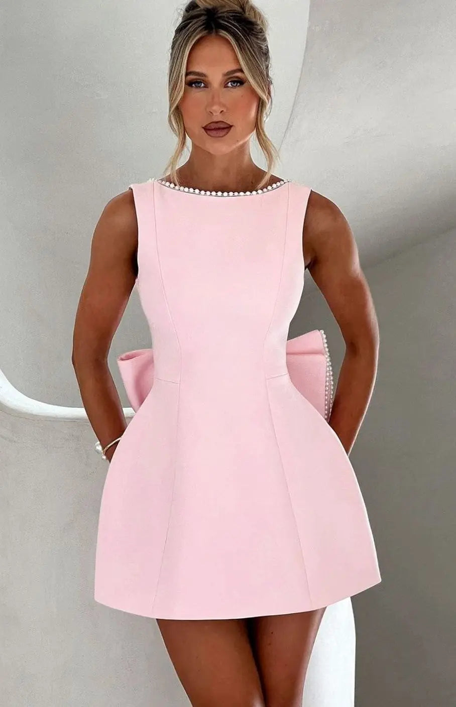 Women's Pearl Trim Sleeveless A-Line Mini Dress - Pink