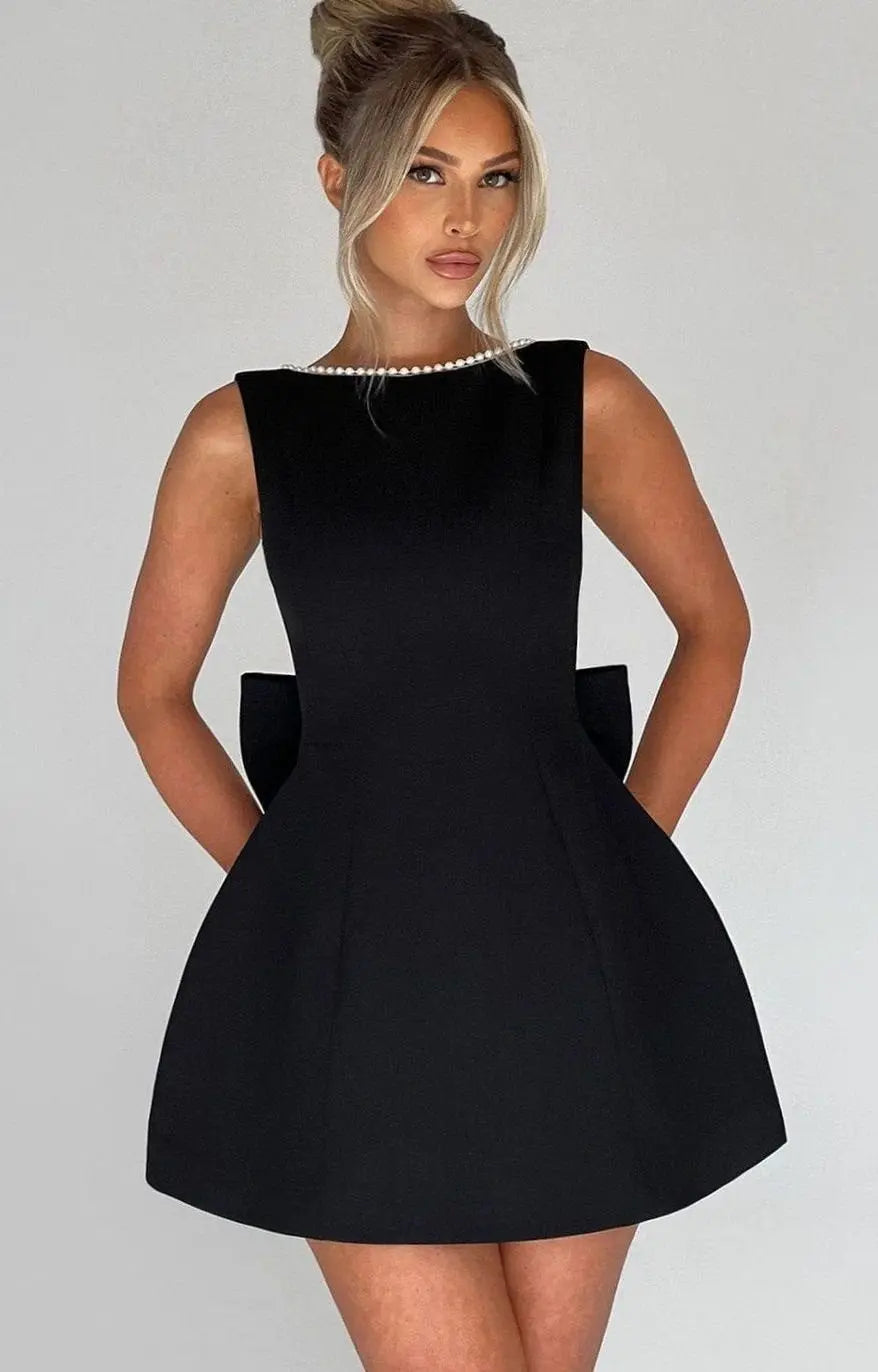 Women's Pearl Trim Sleeveless A-Line Mini Dress - Black