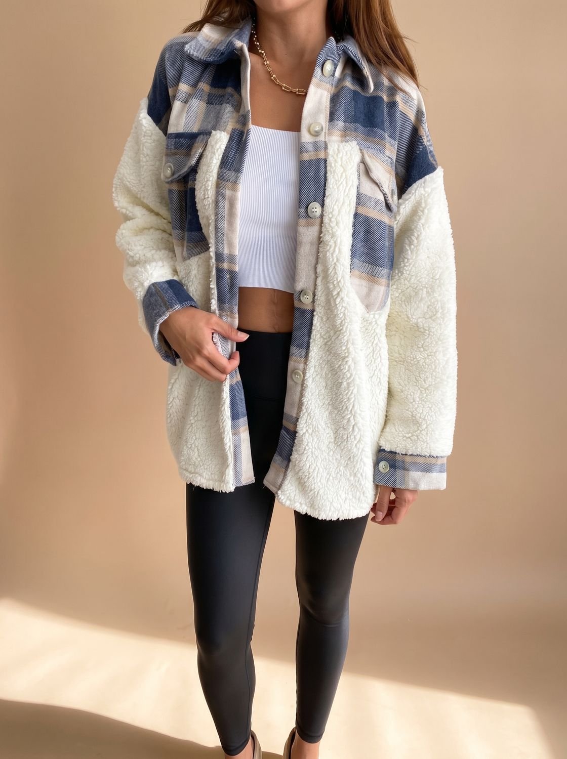 Women's Plaid Sherpa Fleece Button-Up Shacket - Blue