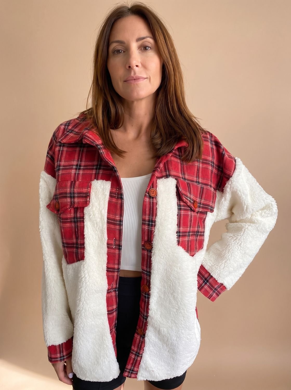 Women's Plaid Sherpa Fleece Button-Up Shacket - Red
