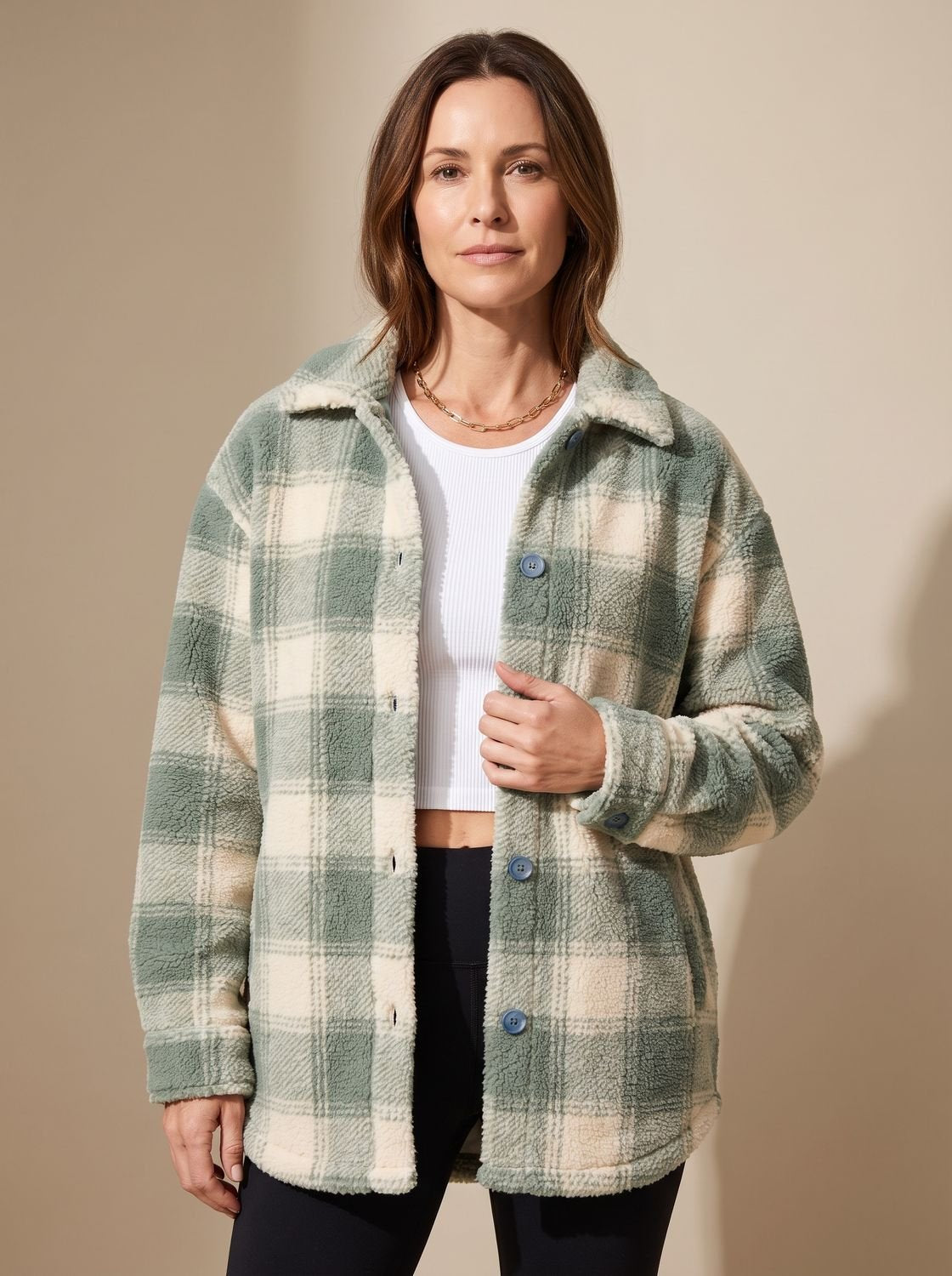 Women's Plaid Sherpa Fleece Button-Up Shacket - Green