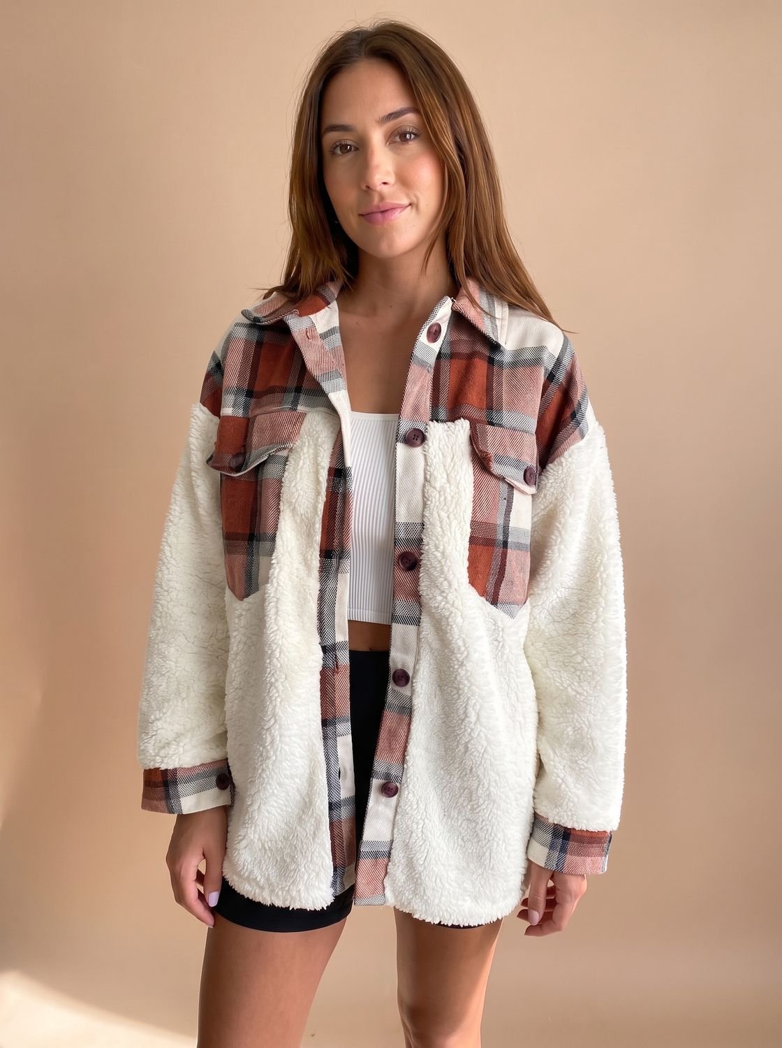 Women's Plaid Sherpa Fleece Button-Up Shacket - Copper Brown