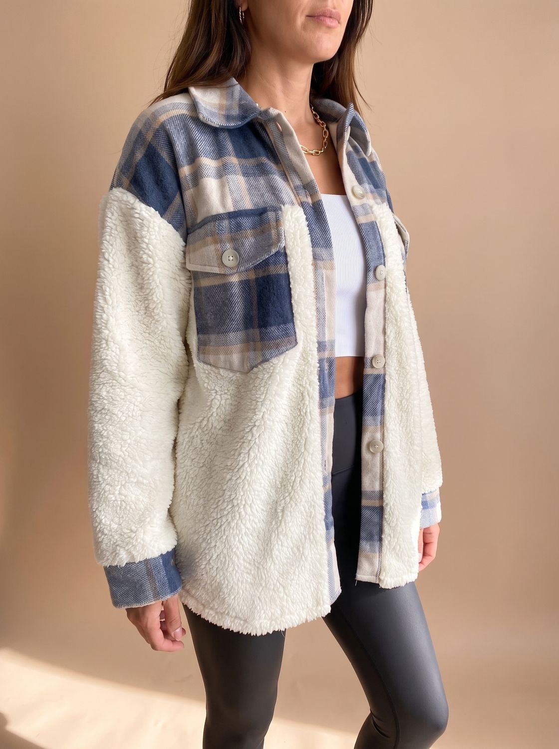 Women's Plaid Sherpa Fleece Button-Up Shacket