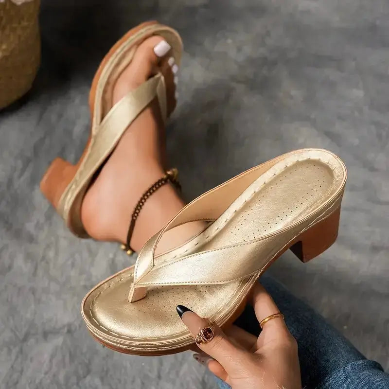 Women's Platform Flip Flops Orthopedic Thong Sandals - Gold