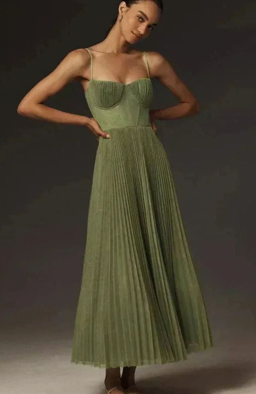 Women's Pleated Bustier Midi Dress Thin Spaghetti Straps - Green