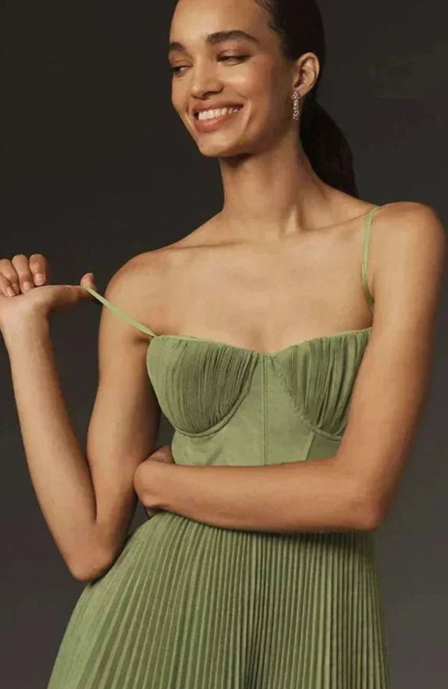 Women's Pleated Bustier Midi Dress Thin Spaghetti Straps
