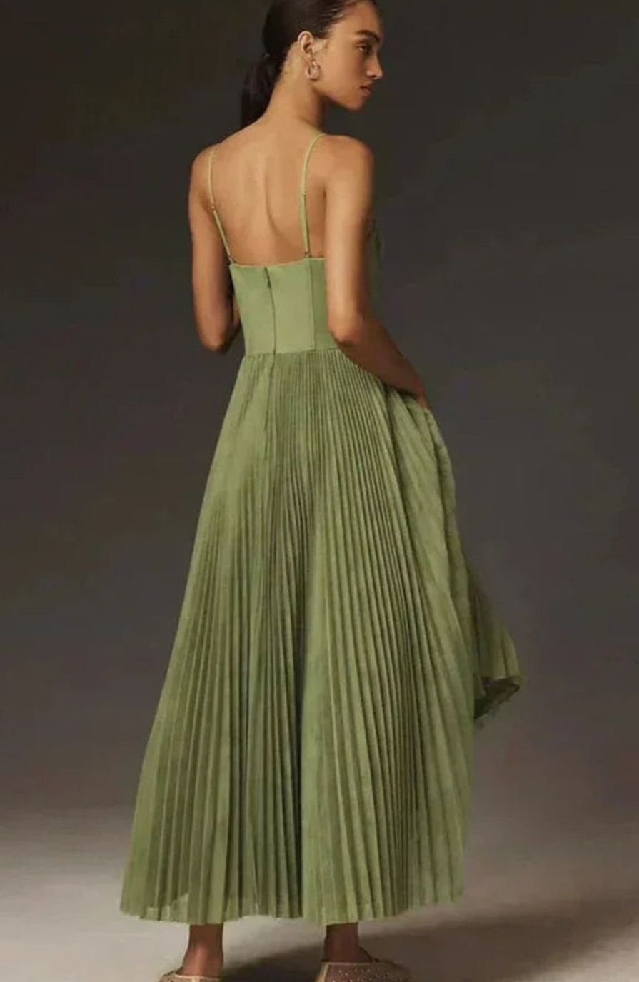 Women's Pleated Bustier Midi Dress Thin Spaghetti Straps