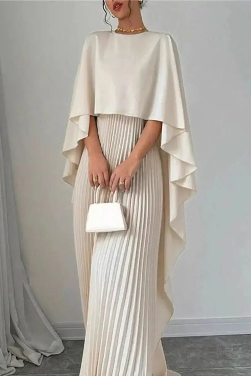 Women's Pleated Cape Maxi Evening Gown Formal Occasion Dress
