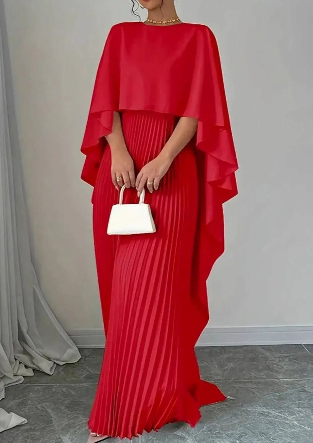 Women's Pleated Cape Overlay Formal Maxi Dress - Red