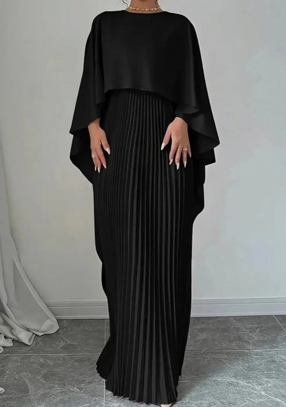 Women's Pleated Cape Overlay Formal Maxi Dress - Black