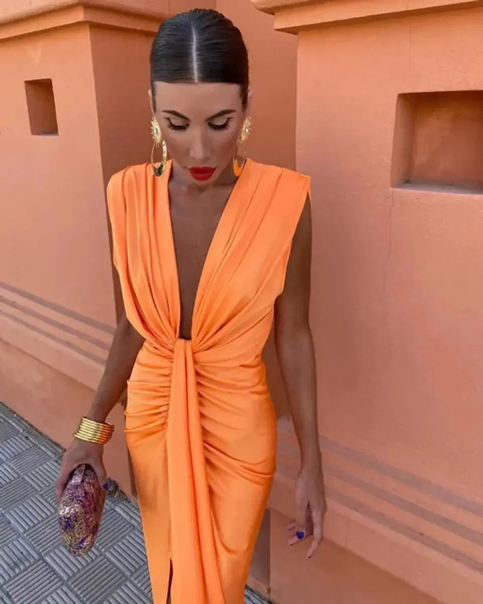 Women's Pleated Deep V-Neck Sleeveless Midi Dress
